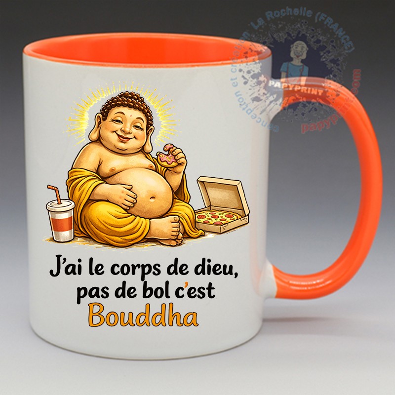 Mug Humoristique - "J'ai le corp de Dieu, pas de bol c'est Bouddha" (en Céramique 350ml)