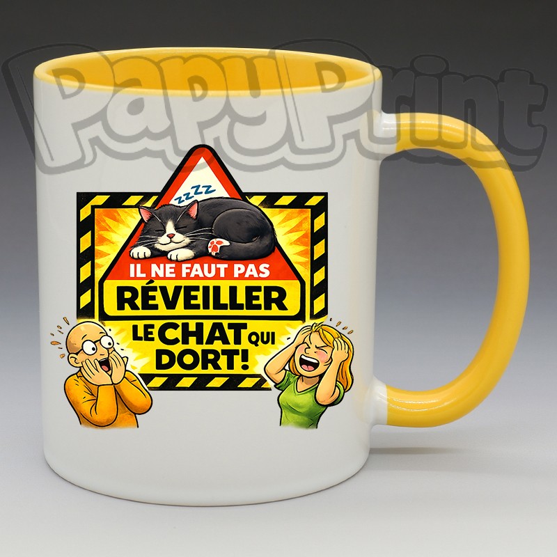 Mug Humoristique/Animaux - "Il ne faut pas réveiller le chat qui dort" (en Céramique 350ml)