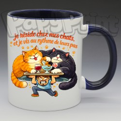 Mug Humoristique/Animaux - "Je réside chez mes chats et je vis au rythme de leurs pas" (en Céramique 350ml)