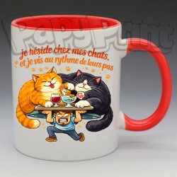 Mug Humoristique/Animaux - "Je réside chez mes chats et je vis au rythme de leurs pas" (en Céramique 350ml)