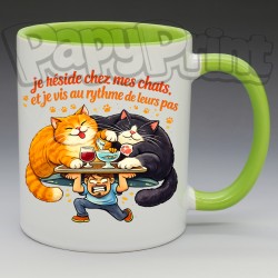 Mug Humoristique/Animaux - "Je réside chez mes chats et je vis au rythme de leurs pas" (en Céramique 350ml)