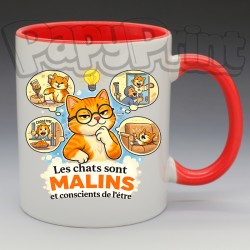 Mug Humoristique/Animaux - "Les chats sont malins, et conscient de l'être" (en Céramique 350ml)
