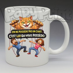 Mug Humoristique/Animaux - "On ne possède pas un chat, c'est lui qui vous possède" (en Céramique 350ml)