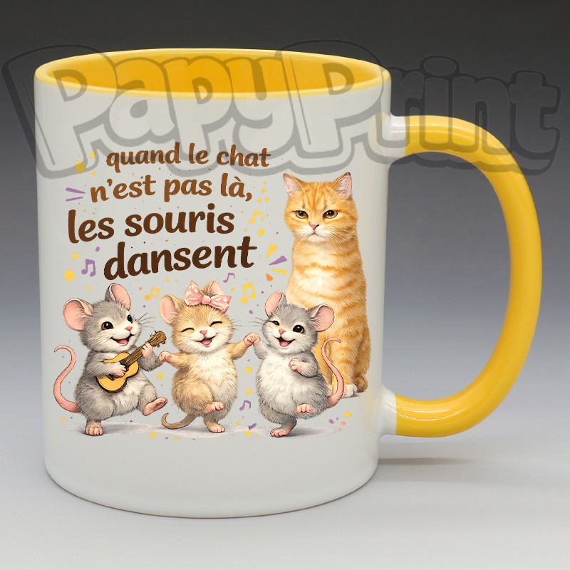 Mug Humoristique/Animaux - "Quand le chat n'est pas là, les souris dansent" (en Céramique 350ml)