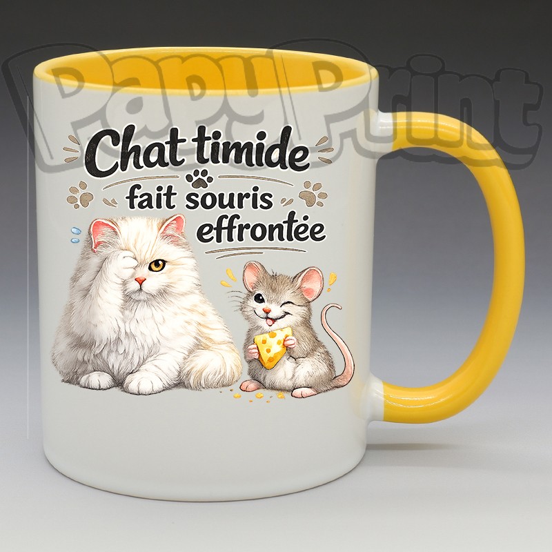 Mug Humoristique/Animaux - "Chat timide, fait souris effrontée" (en Céramique 350ml)