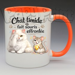 Mug Humoristique/Animaux - "Chat timide, fait souris effrontée" (en Céramique 350ml)