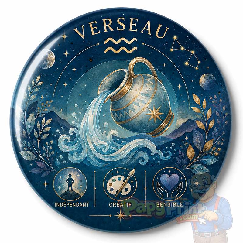 Badge Astrologie "Verseau" 56 mm | Papy Print