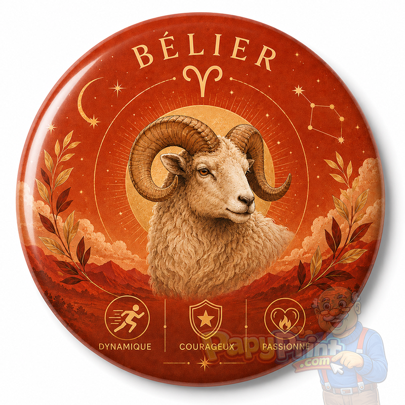 Badge Astrologie "Bélier" 56 mm | Papy Print